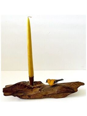 Vintage Retro Driftwood Taper Candle Holder Yellow Bird Rustic Country Lodge